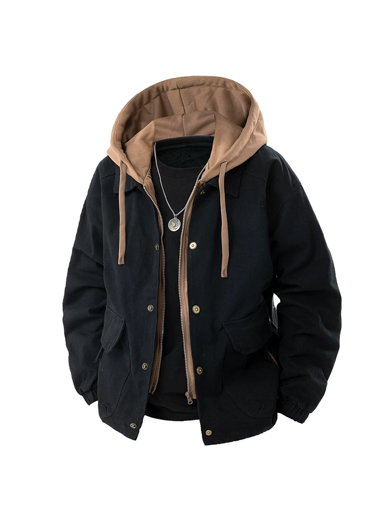 Áo khoác có mũ giả hai lớp kiểu Mỹ của Jeanswest dành cho nam, áo khoác ngoài dáng rộng đa năng mới cho mùa xuân và mùa thu.
