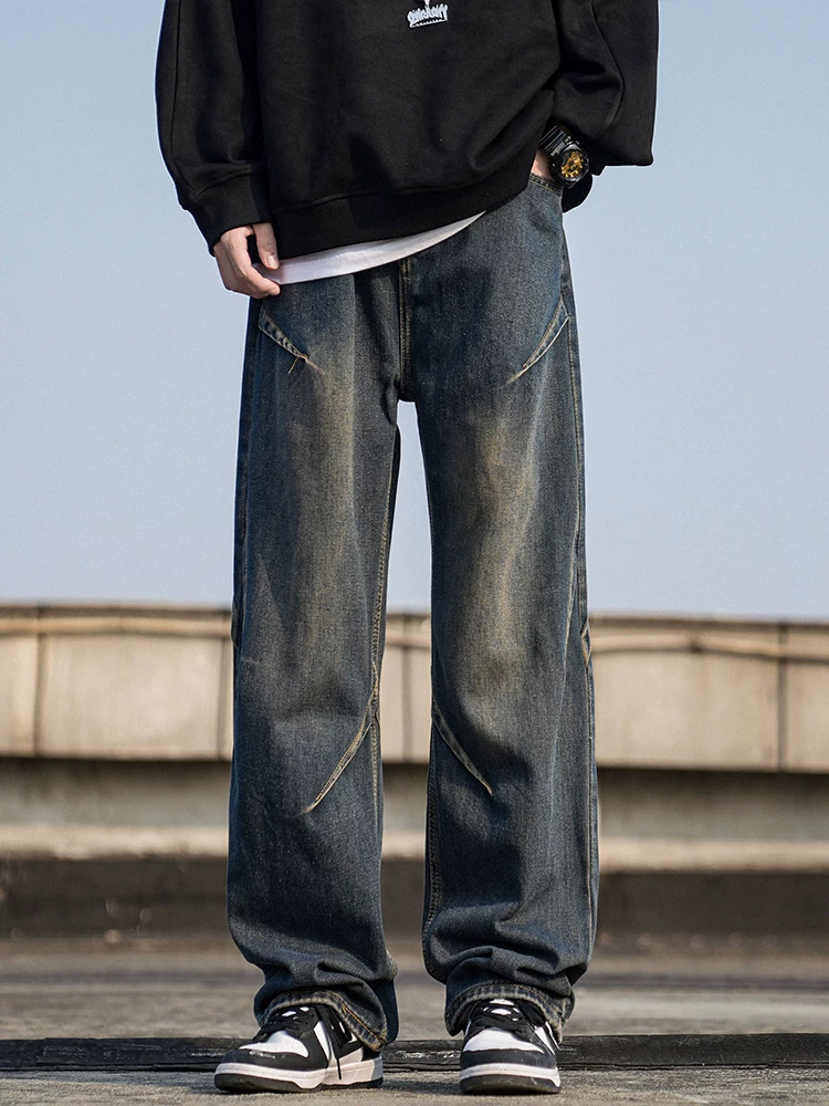 Quần jeans ống đứng màu xanh cổ điển của Jeanswest dành cho nam, mùa xuân thu, dáng rộng, quần ống rộng giặt mài phong cách vintage.