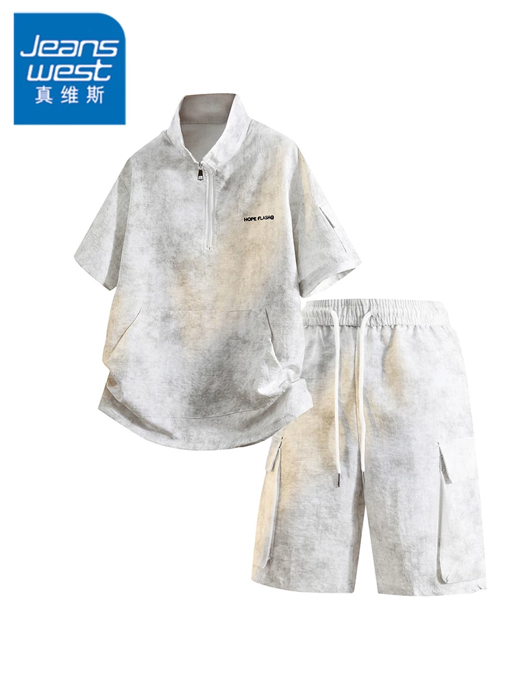 Bộ áo thun nam cổ đứng, nửa khóa kéo, họa tiết tie-dye phong cách Mỹ của Jeanswest, bộ hai món cao cấp, rộng rãi, thoải mái mùa hè.