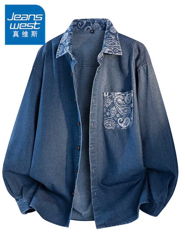 Áo sơ mi denim in họa tiết phong cách Mỹ của Jeanswest dành cho nam, mùa xuân thu, áo khoác dáng rộng cao cấp.