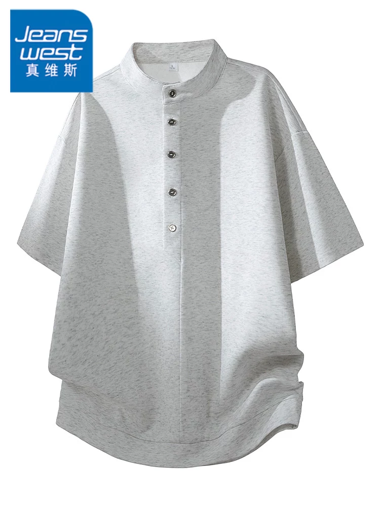 Áo thun nam cổ đứng kiểu Mỹ của Jeanswest, áo thun tay ngắn dáng rộng đa năng, thương hiệu thời trang cao cấp mùa xuân hè.