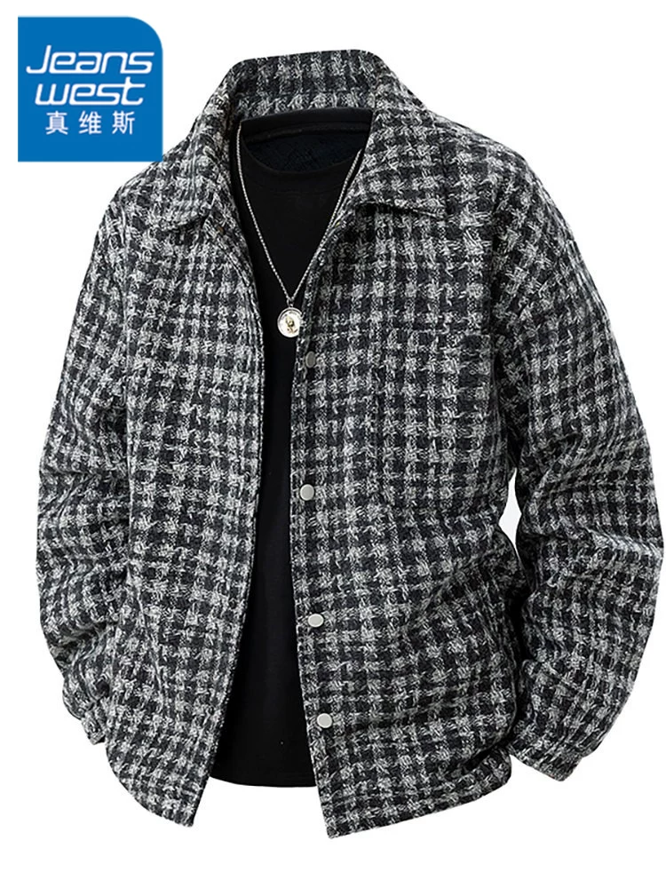 Áo khoác nam kiểu Mỹ có ve áo họa tiết houndstooth của Jeanswest, áo khoác cặp đôi thời trang mùa xuân.