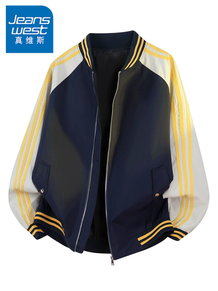 Áo khoác cổ bóng chày phối màu cổ điển cao cấp của Jeanswest dành cho nam, áo khoác ngoài dáng rộng phong cách Mỹ hợp thời trang mùa xuân thu.