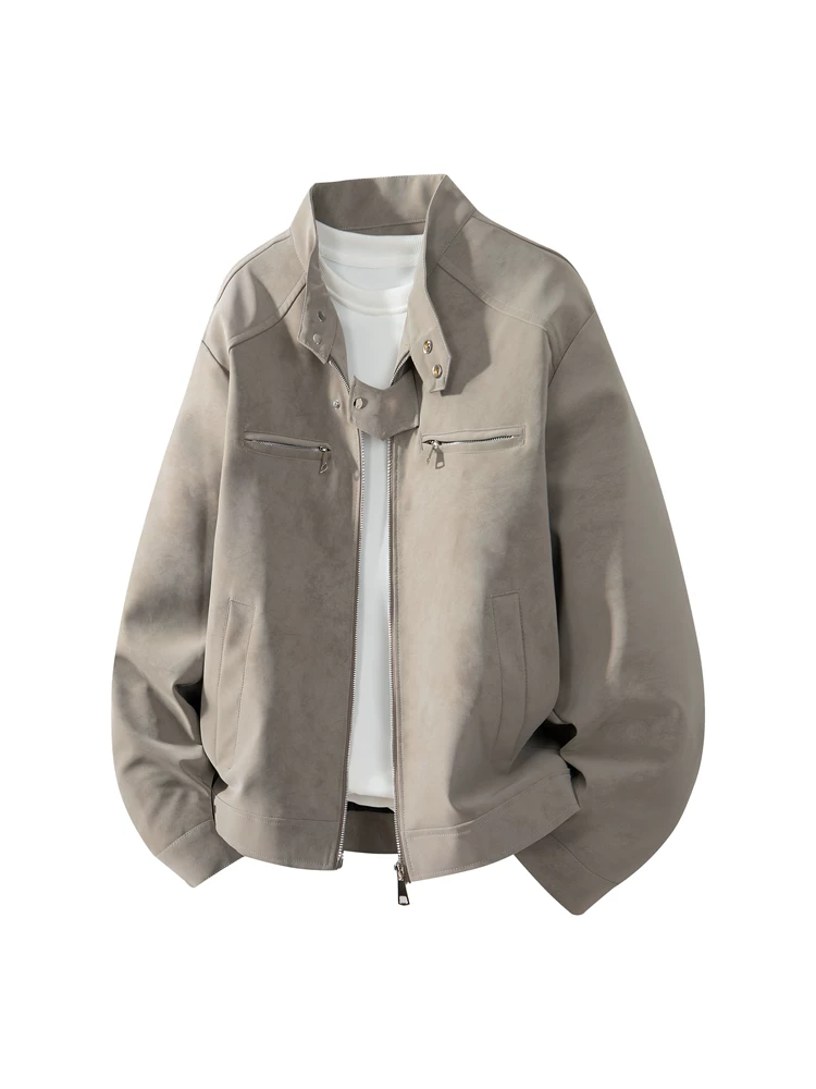 Áo khoác da cổ đứng bằng da lộn phong cách retro của Jeanswest dành cho nam, mùa xuân và mùa thu, thương hiệu thời thượng cao cấp, áo khoác màu đen dáng rộng thoải mái.
