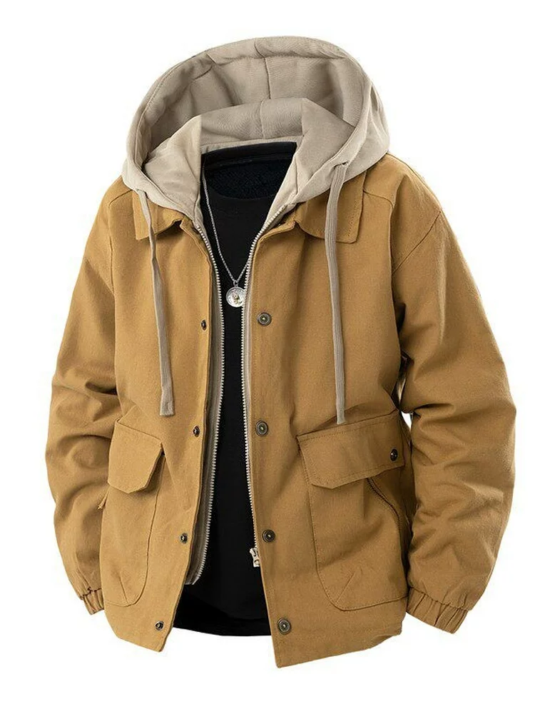 Áo khoác có mũ giả hai lớp kiểu Mỹ của Jeanswest dành cho nam, áo khoác ngoài dáng rộng đa năng mới cho mùa xuân và mùa thu.