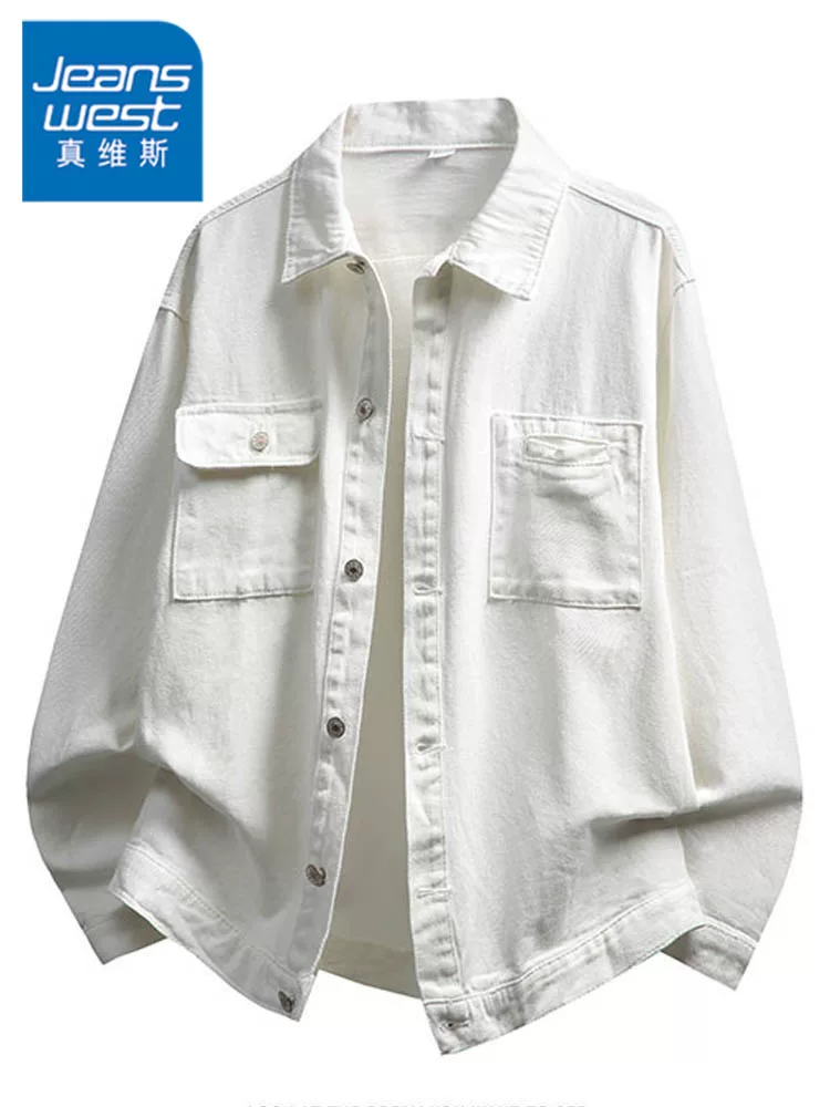 Áo khoác denim trắng kiểu Mỹ của Jeanswest dành cho nam, mùa xuân thu, cổ bẻ, dáng rộng, phong cách thường ngày, áo khoác công sở cá tính.