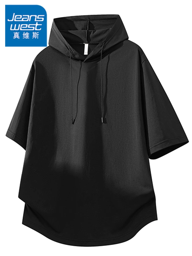Áo thun có mũ trùm đầu bằng vải lụa băng màu trơn phong cách Mỹ của Jeanswest dành cho nam, kiểu dáng rộng rãi mùa hè, áo ngắn tay thương hiệu thời trang cao cấp thoáng khí.