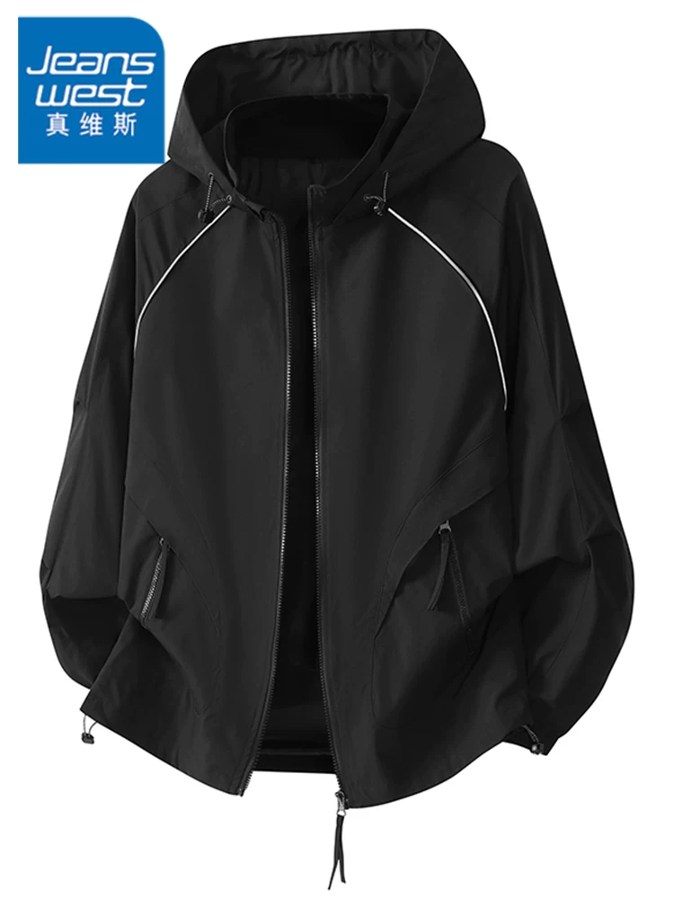 Áo khoác cardigan có mũ trùm đầu kiểu Mỹ của Jeanswest dành cho nam, mùa xuân và mùa thu, dáng rộng, áo khoác màu đen thông thường của thương hiệu hợp thời trang đa năng.