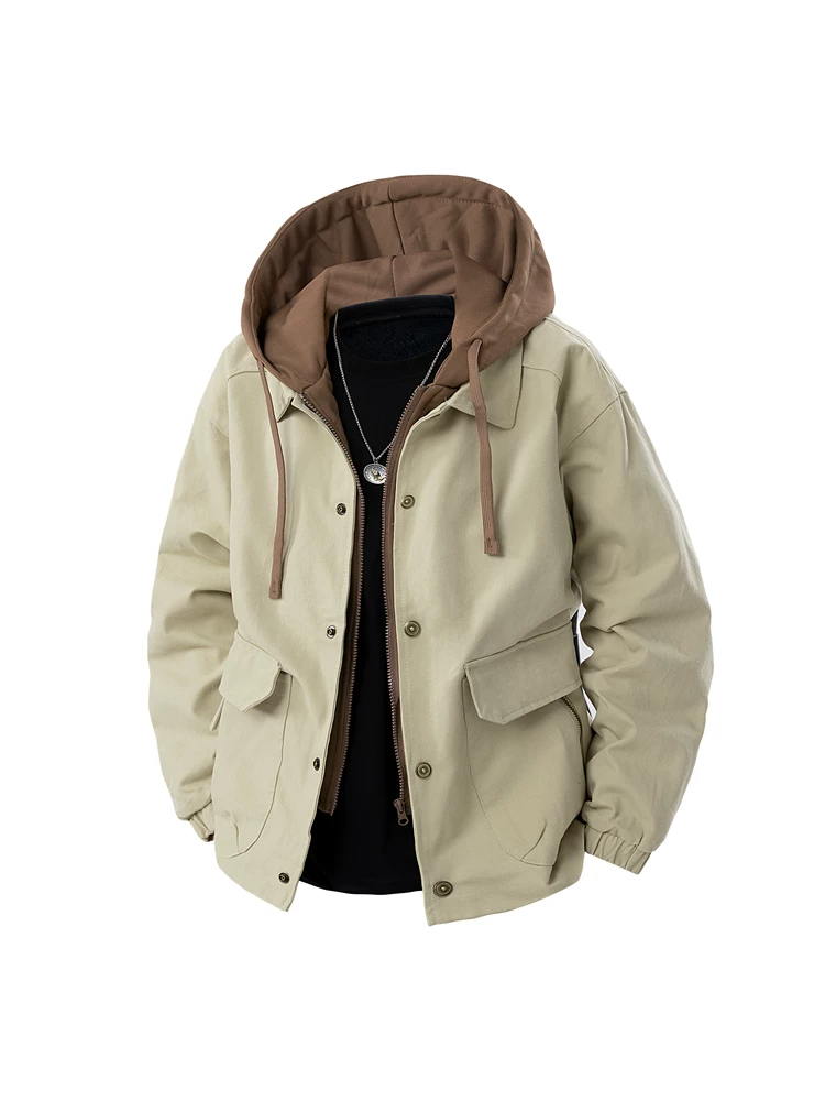 Áo khoác có mũ giả hai lớp kiểu Mỹ của Jeanswest dành cho nam, áo khoác ngoài dáng rộng đa năng mới cho mùa xuân và mùa thu.