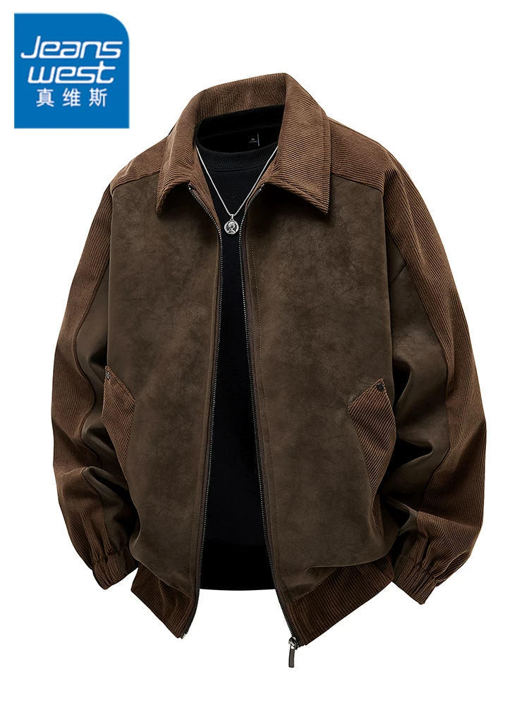 Áo khoác da phối vải nhung Jeanswest dành cho nam, Xuân Thu 2026, kiểu dáng thời thượng mới, phong cách cao cấp, thương hiệu nổi tiếng.