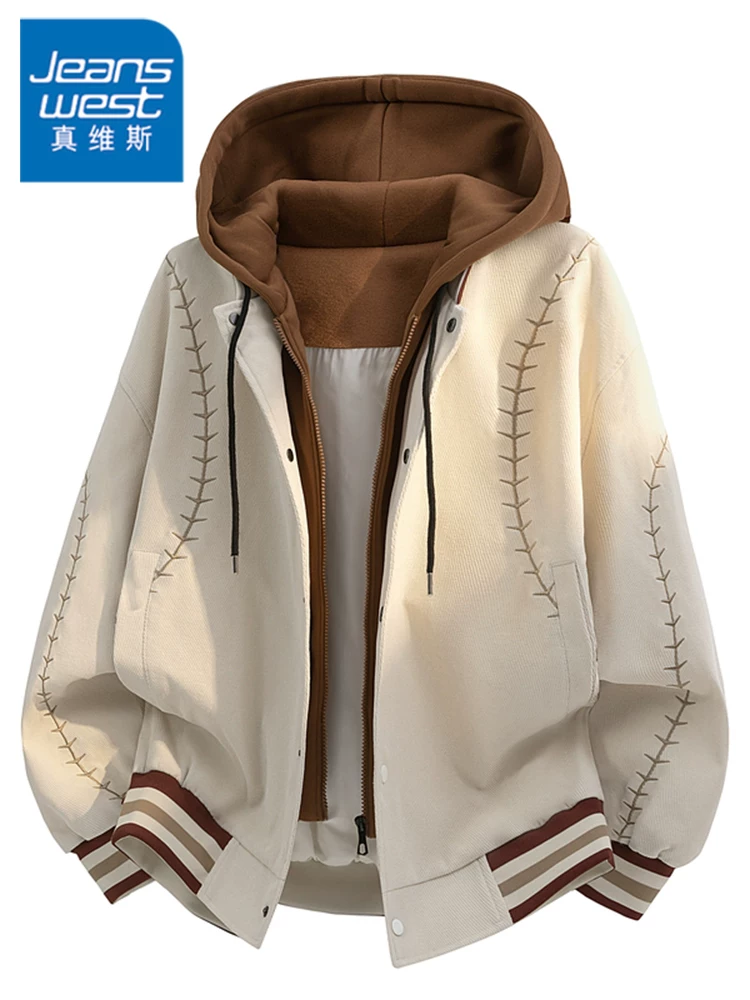Áo khoác có mũ trùm đầu giả hai mảnh phong cách Mỹ của thương hiệu Jeanswest dành cho nam, áo khoác bóng chày đa năng dáng rộng, thoải mái cho mùa xuân và mùa thu.