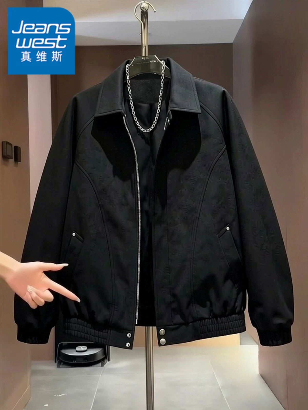 Áo khoác da lộn màu đen phong cách Mỹ của Jeanswest dành cho nam, áo khoác cao cấp đa năng, hợp thời trang mùa xuân thu.