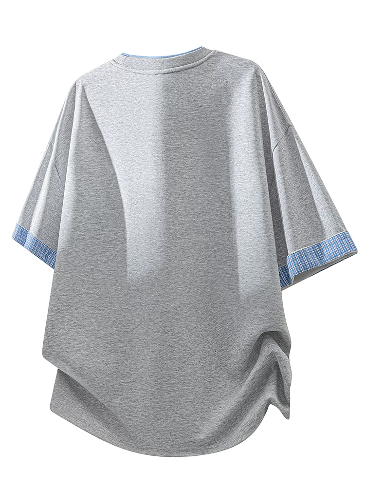 Áo thun cổ tròn tay lửng giả hai mảnh phong cách cao cấp của Jeanswest dành cho nam, áo thun màu đen dáng rộng thường ngày mùa xuân hè.