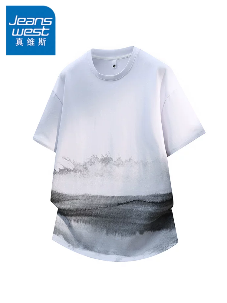 Áo thun cổ tròn kiểu Mỹ in họa tiết mực của Jeanswest dành cho nam, áo nửa tay rộng rãi thoáng khí cao cấp mùa hè.