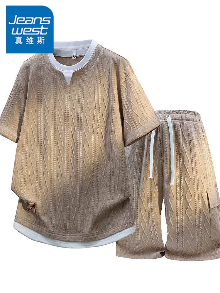 Bộ đồ hai mảnh giả hai lớp phong cách Mỹ của Jeanswest dành cho nam, bộ đồ hai mảnh rộng rãi, thời trang, thoáng khí cao cấp mùa hè.