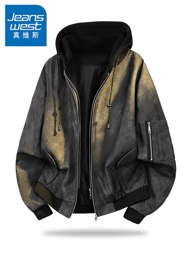 Áo khoác da PU có mũ trùm đầu phong cách retro cao cấp của Jeanswest dành cho nam, áo khoác ngoài thời trang dáng rộng thoải mái cho mùa xuân và mùa thu.
