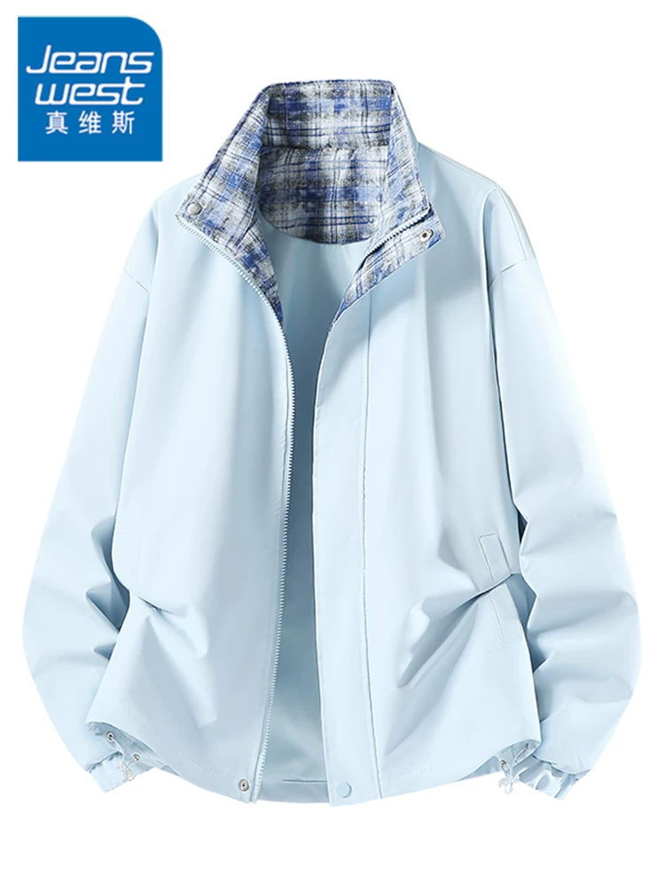 Áo khoác cổ đứng chắp vá kẻ sọc phong cách Mỹ của Jeanswest dành cho nam, mùa xuân và mùa thu, áo khoác ngoài thương hiệu thời trang cao cấp, rộng rãi, hợp thời trang.
