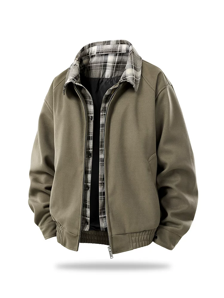 Áo khoác nam Jeanswest cao cấp giả hai lớp, phối họa tiết kẻ caro, kiểu dáng cổ điển, phong cách Mỹ, thích hợp cho mùa xuân và mùa thu.