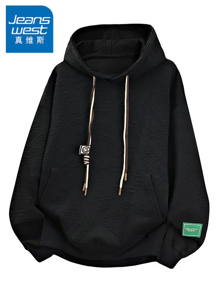Áo hoodie dệt kim jacquard kiểu Mỹ mới của Jeanswest 2026 dành cho nam, mùa xuân thu, áo kiểu dáng rộng cao cấp.