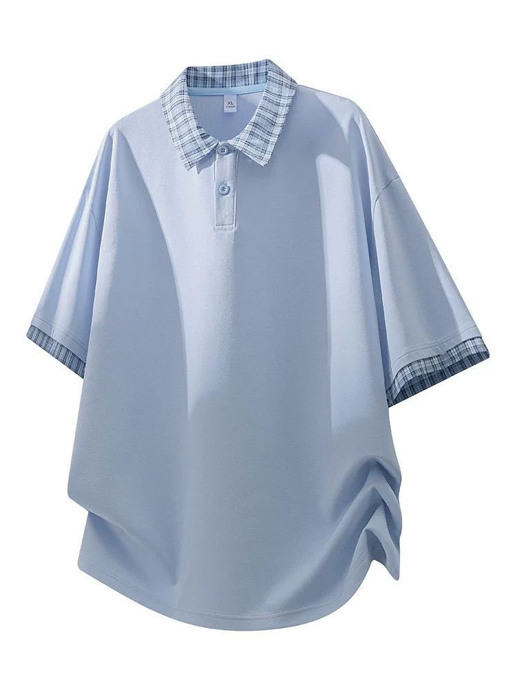 Áo thun ngắn tay cổ bẻ giả hai mảnh kẻ sọc chắp vá của Jeanswest dành cho nam mùa xuân hè áo sơ mi POLO thông thường.
