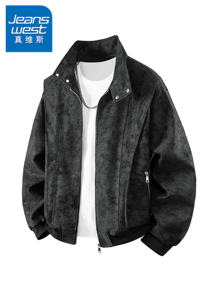 Áo khoác da cổ đứng phong cách retro Mỹ của Jeanswest dành cho nam, kiểu mới xuân thu 2026, phong cách thường ngày, thời trang, cảm giác cao cấp.