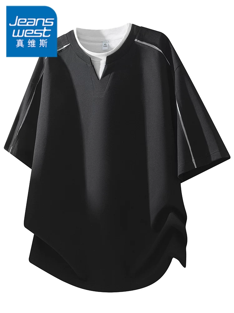 Áo thun giả hai mảnh cổ nửa tay, cổ mở, dành cho nam giới của Jeanswest, mùa xuân hè, áo thun màu đen rộng rãi, thoáng khí.