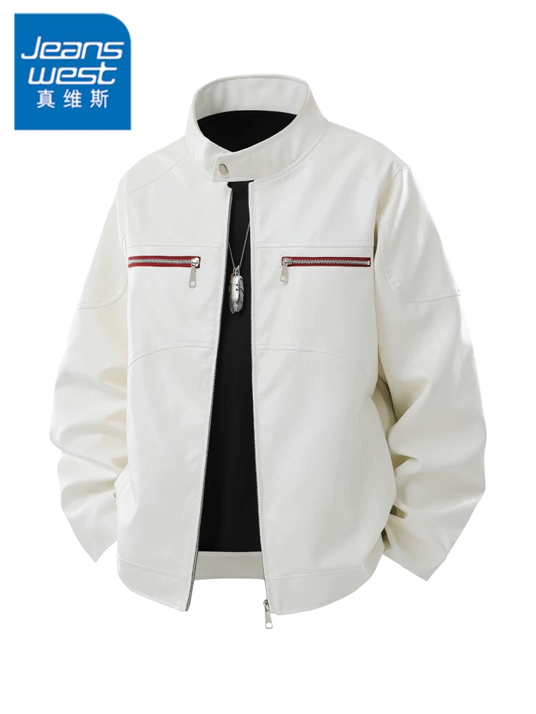 Áo khoác da PU cổ đứng phong cách Mỹ của Jeanswest dành cho nam, mùa xuân thu, áo khoác ngoài dáng rộng thương hiệu thời thượng cao cấp.