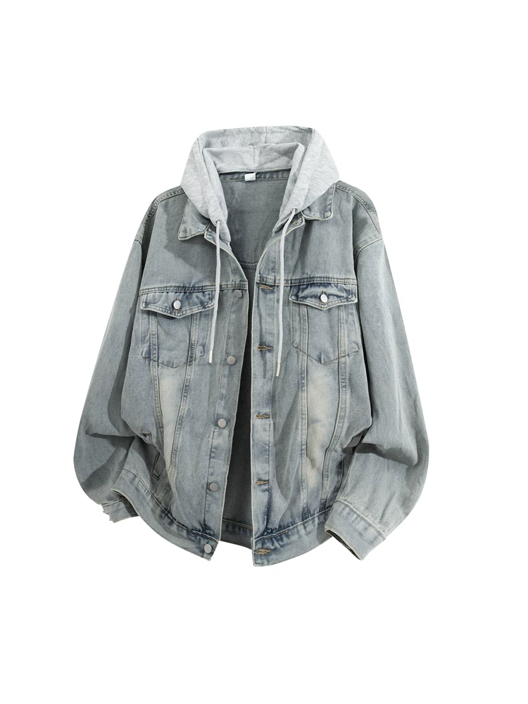 Áo khoác denim thời trang cao cấp có mũ trùm đầu giả hai mảnh của Jeanswest dành cho nam, áo khoác ngoài thông thường mới cho mùa xuân và mùa thu.