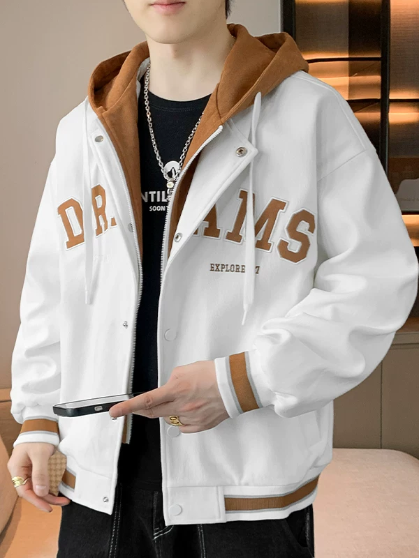 Áo khoác giả hai lớp Jeanswest dành cho nam, kiểu dáng mới mùa xuân thu, áo khoác bóng chày dày có mũ, áo khoác ngoài đa năng, bền bỉ.