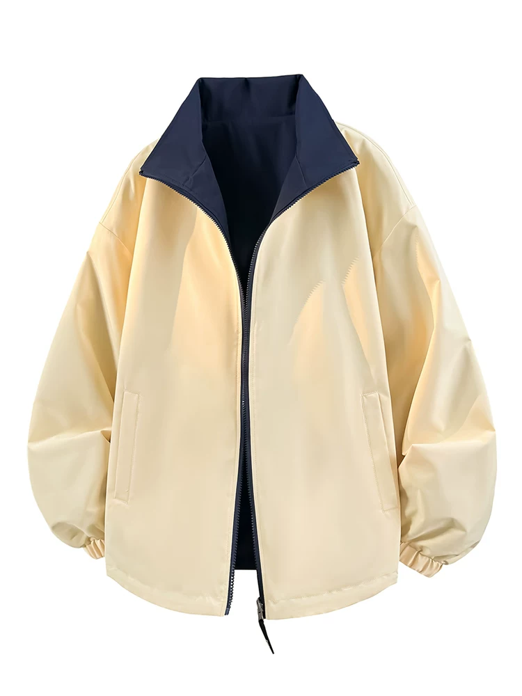 Áo khoác cổ đứng màu trơn phong cách Hồng Kông kiểu Nhật của Jeanswest dành cho nam, áo khoác ngoài dáng rộng đa năng thường ngày mùa xuân thu dành cho nam.