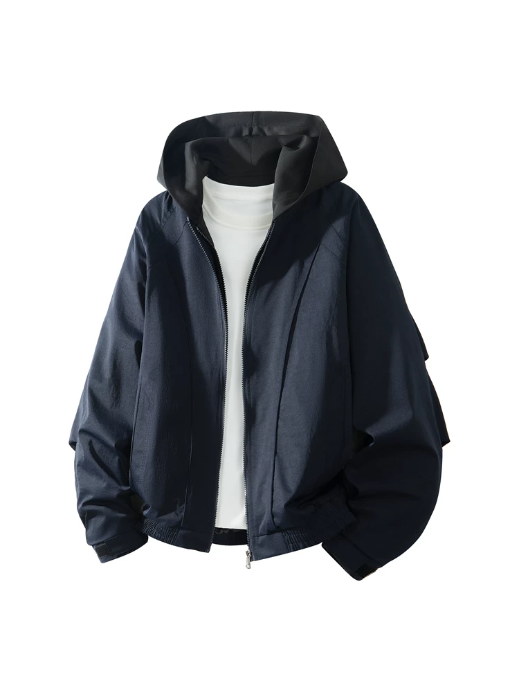 Áo khoác có mũ giả hai lớp cao cấp của Jeanswest dành cho nam, áo khoác màu đen thời trang phong cách Mỹ dáng rộng mùa xuân thu.