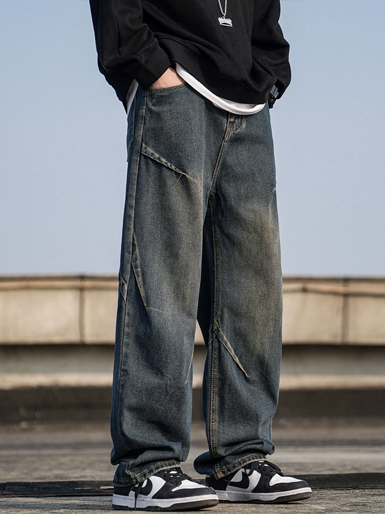 Quần jeans ống đứng màu xanh cổ điển của Jeanswest dành cho nam, mùa xuân thu, dáng rộng, quần ống rộng giặt mài phong cách vintage.