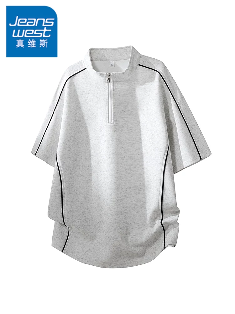 Áo thun cổ tròn kẻ sọc nửa khóa kéo kiểu Mỹ của Jeanswest dành cho nam, áo thun mùa xuân hè rộng rãi, hợp thời trang, thoáng khí.