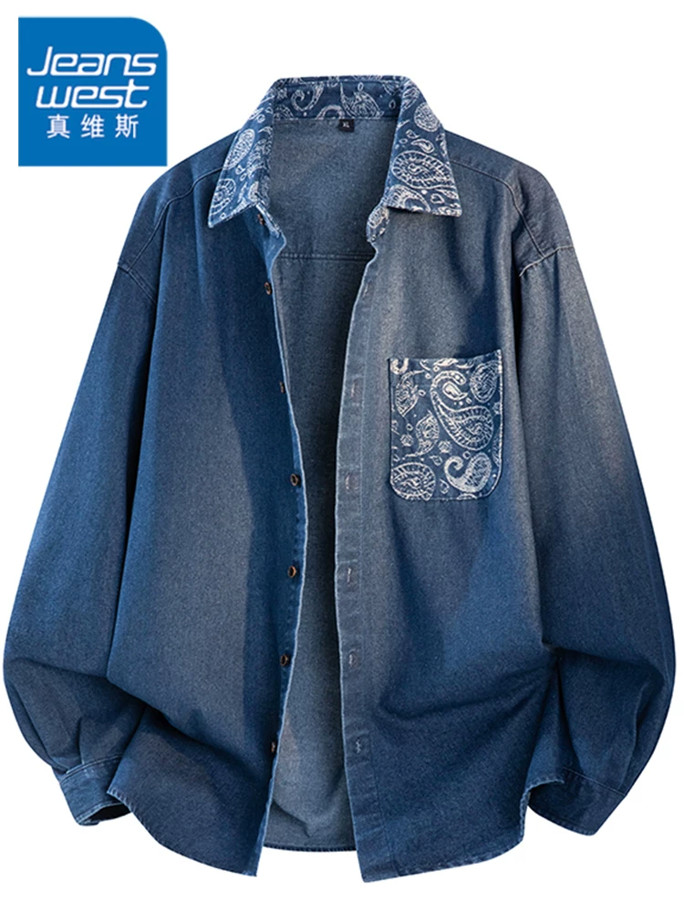 Áo sơ mi denim cổ bẻ kiểu Mỹ của Jeanswest dành cho nam, mùa xuân thu, cảm giác cao cấp, dáng rộng, áo khoác thương hiệu thời trang đa năng, phong cách giản dị.