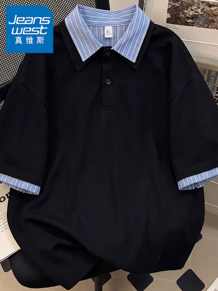 Áo thun nam Jeanswest kiểu Mỹ giả hai lớp, kẻ sọc, cổ trụ, mẫu mới hè 2026, áo POLO cao cấp thoáng khí.