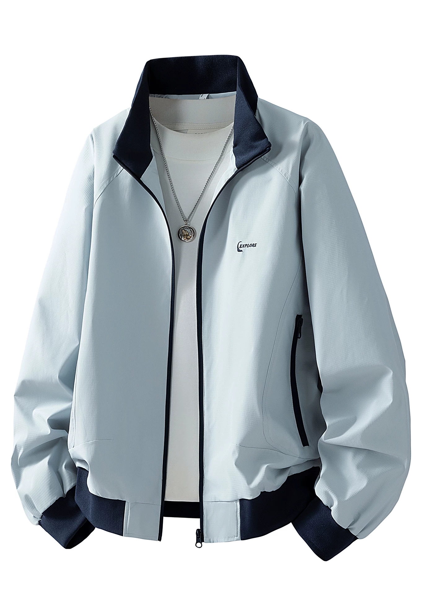 Áo khoác thường ngày cổ đứng phối màu phong cách Mỹ của Jeanswest dành cho nam, mùa xuân thu, cao cấp, sành điệu, thương hiệu thời thượng, áo khoác ngoài dáng rộng.