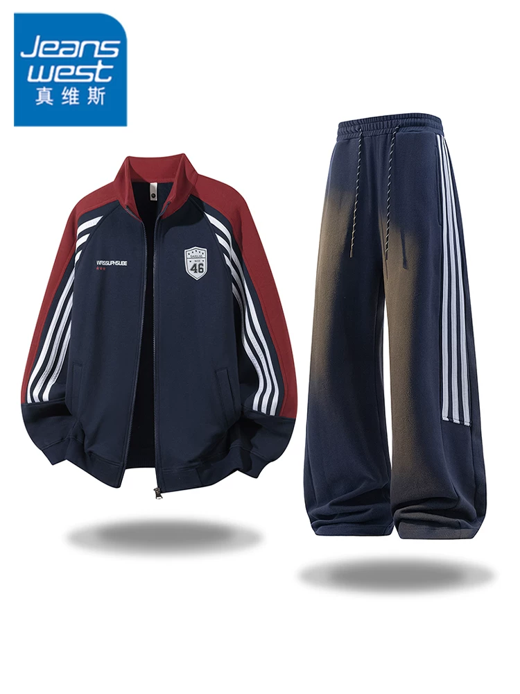 Bộ đồ thể thao ba sọc phong cách Mỹ của Jeanswest dành cho nam, mùa xuân thu, bộ đồ thể thao hai mảnh rộng rãi, cao cấp, phong cách thường ngày.
