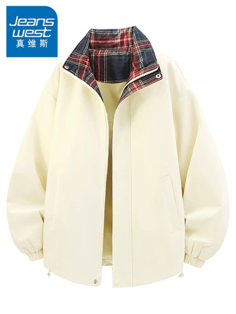 Áo khoác cổ đứng chắp vá kẻ sọc phong cách Mỹ của Jeanswest dành cho nam, mùa xuân thu, thương hiệu thời trang cao cấp, áo khoác ngoài rộng rãi thoải mái.