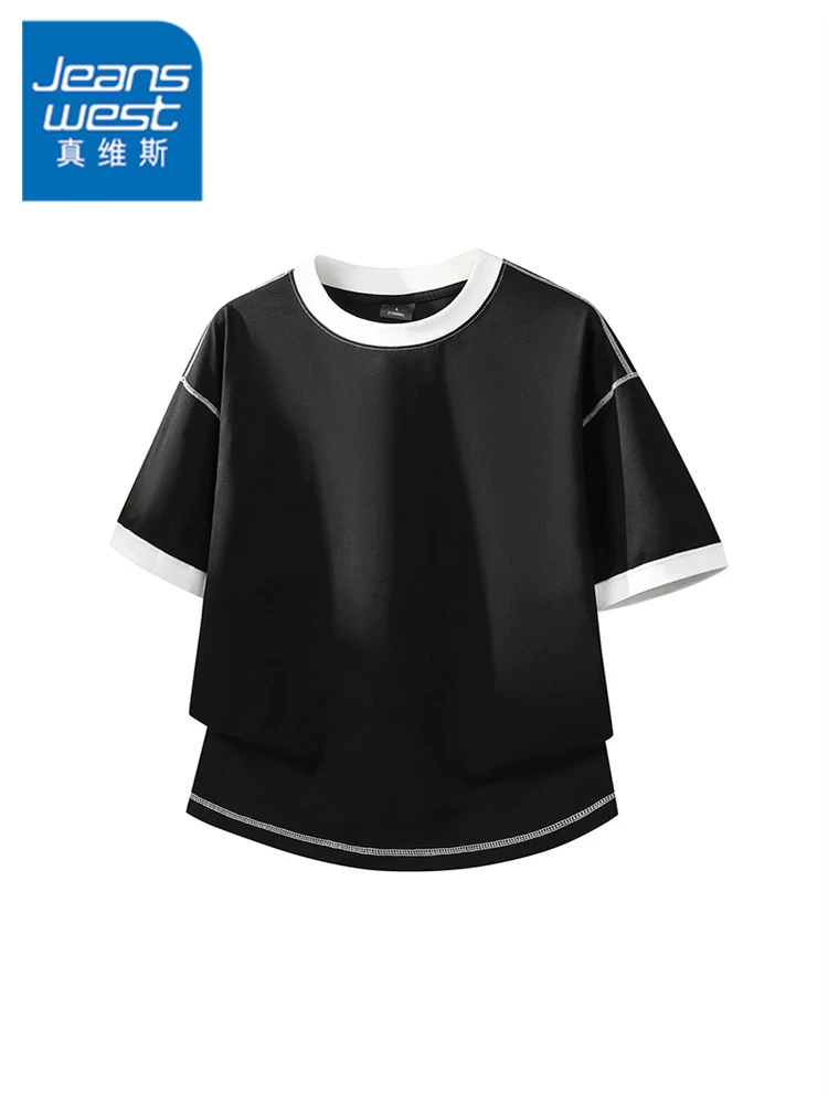 Áo thun nam Jeanswest phối màu tương phản, chất liệu 100% cotton nguyên chất, kiểu dáng rộng rãi, thoáng khí, tay ngắn, xu hướng mới hè 2026.