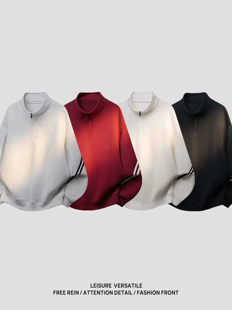 Áo nỉ cổ đứng nửa khóa kéo phong cách Mỹ của Jeanswest dành cho nam, mùa xuân thu, áo cao cấp sọc ngang thương hiệu thời thượng, dáng rộng.