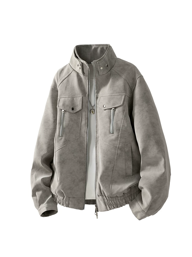 Áo khoác da PU kiểu Mỹ thời thượng của thương hiệu Jeanswest dành cho nam, mùa xuân thu, áo khoác đen rộng rãi, cá tính và thoải mái.