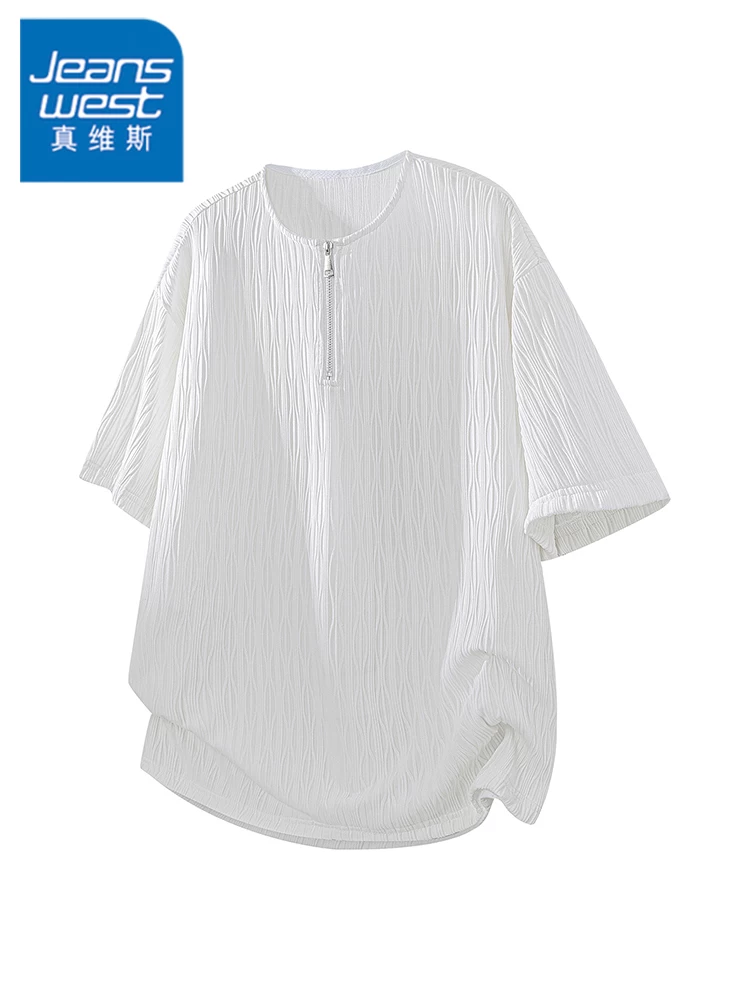 Áo thun cổ tròn màu trơn nửa khóa kéo của Jeanswest dành cho nam, mùa xuân hè, thương hiệu thời trang cao cấp, tay áo ngắn rộng rãi và thoáng khí.
