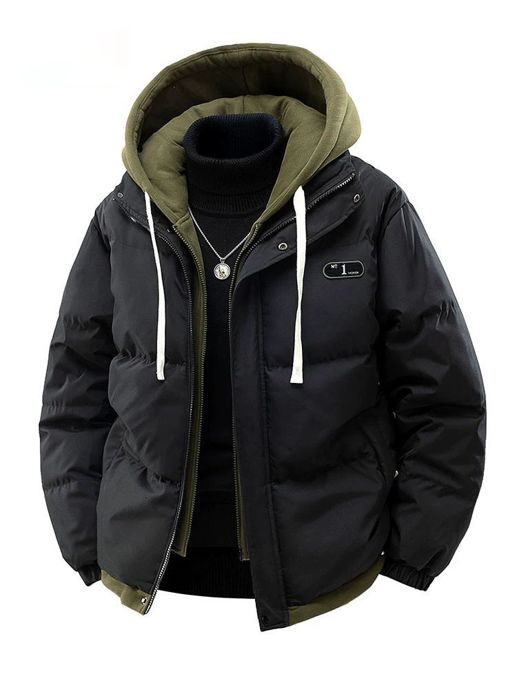 Áo khoác cotton đa năng có mũ trùm đầu giả hai lớp của Jeanswest dành cho nam, áo khoác cotton dày mùa đông, áo khoác ngoài cotton ấm áp.