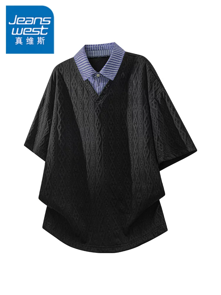 Áo thun nam cổ bẻ giả hai mảnh kiểu Mỹ của Jeanswest, chất liệu jacquard sọc, dáng rộng mùa hè, cảm giác cao cấp, tay ngắn thoáng khí.