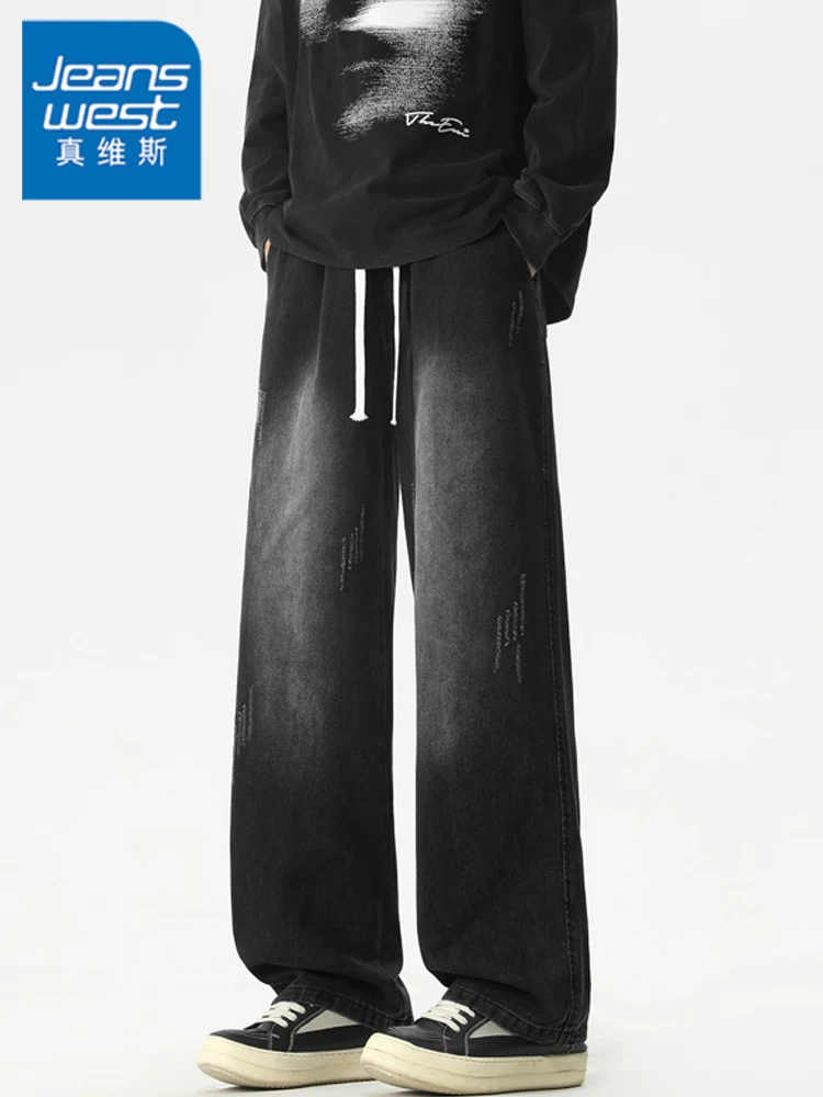 Quần jeans nam thương hiệu thời trang phong cách Mỹ của Jeanswest, chất liệu denim đã qua xử lý, dành cho mùa xuân thu, cảm giác cao cấp, dáng rộng ống thẳng, quần dài có dây rút, phong cách thường ngày.