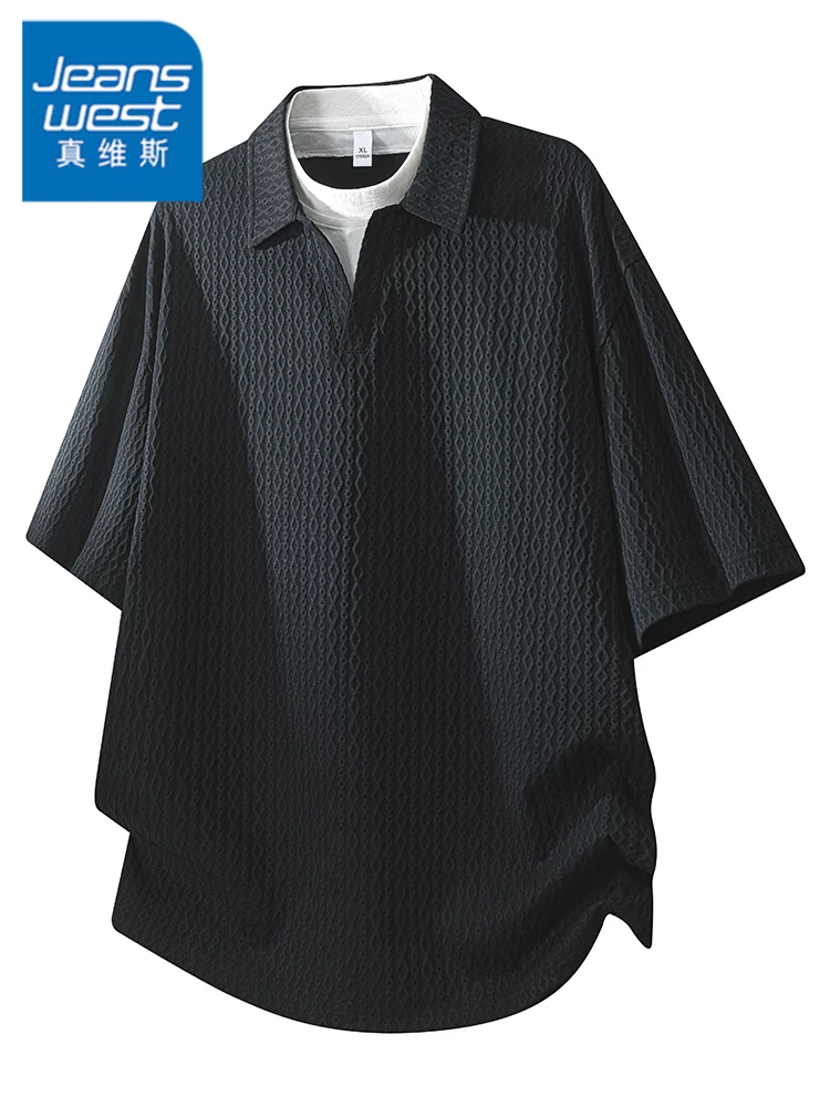 Áo thun ngắn tay cổ bẻ giả hai mảnh phong cách Mỹ của Jeanswest dành cho nam, áo thun màu đen dáng rộng thường ngày mùa xuân hè.