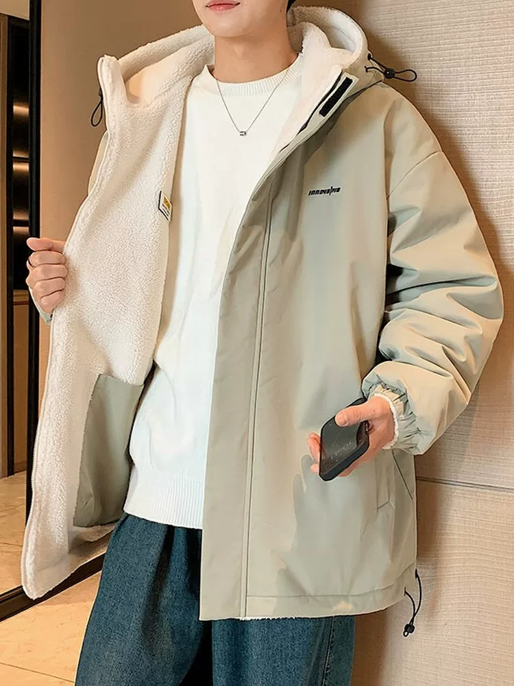 Áo khoác cotton có mũ, lót lông cừu dày dặn của Jeanswest dành cho nam, áo khoác ấm có thể mặc hai mặt mùa đông.