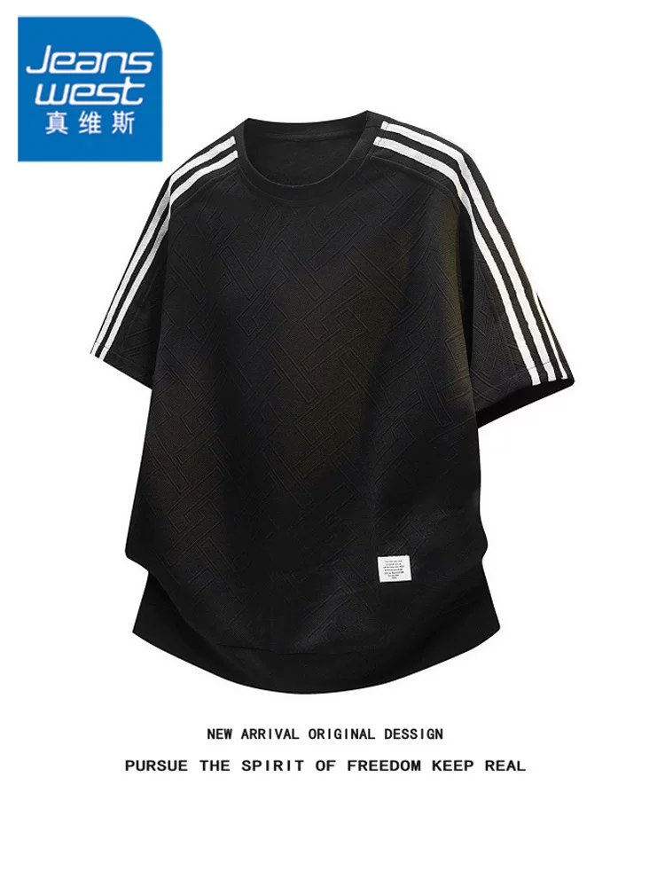 Áo thun cổ tròn ba sọc phong cách Mỹ của Jeanswest dành cho nam, tay áo năm phần tư thoáng khí, thương hiệu thời trang cao cấp mùa hè.