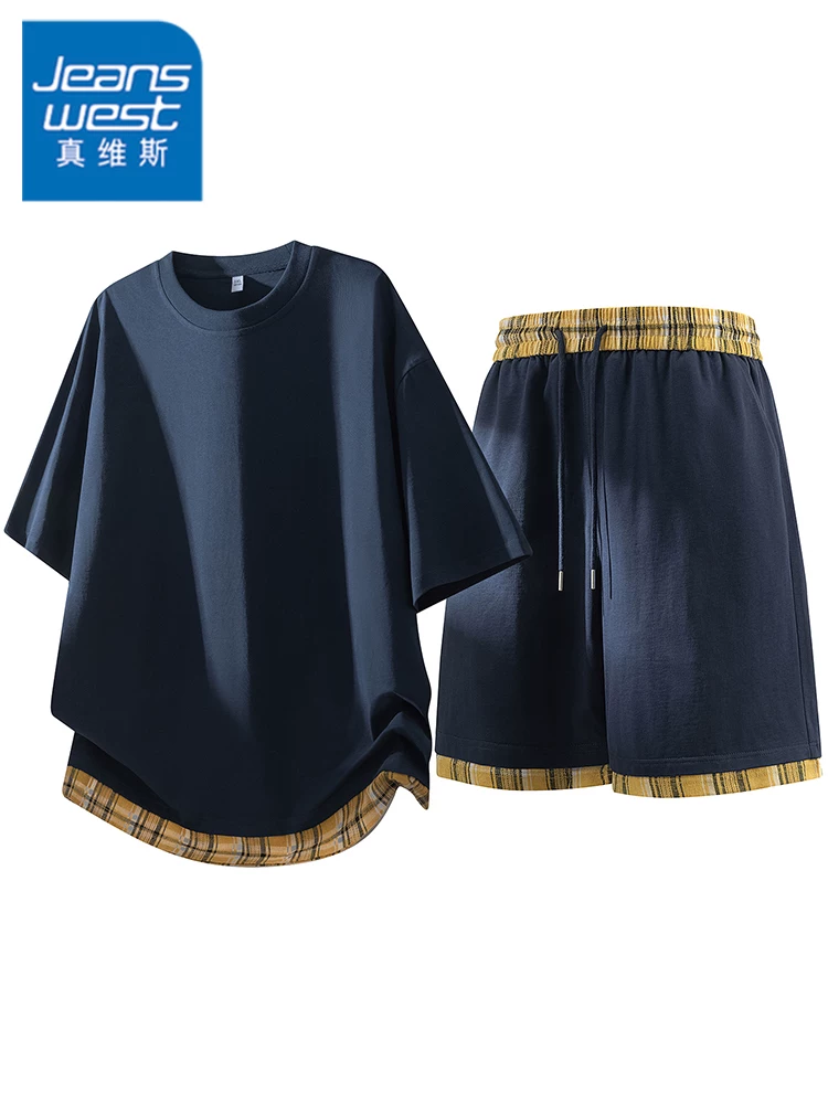 Bộ đồ ngắn tay cổ tròn phối màu của Jeanswest dành cho nam, bộ đồ hai mảnh rộng rãi và thoáng khí, thương hiệu thời trang cao cấp mùa hè