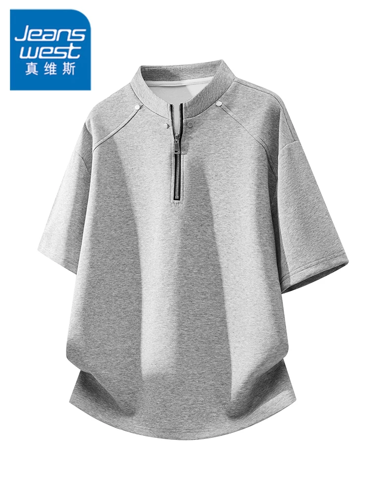 Áo thun nam Jeanswest kiểu Mỹ thời thượng, nửa khóa kéo, đính đinh tán, dáng rộng mùa hè, chất liệu cao cấp, thoáng khí, thân thiện với làn da, tay ngắn.